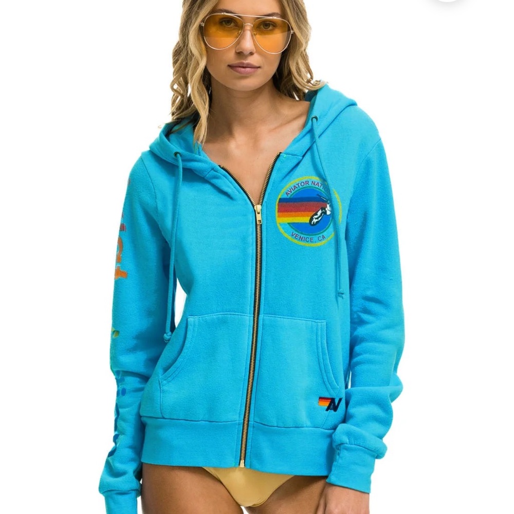 Aviator Nation logo zip up hoodie in neon blue